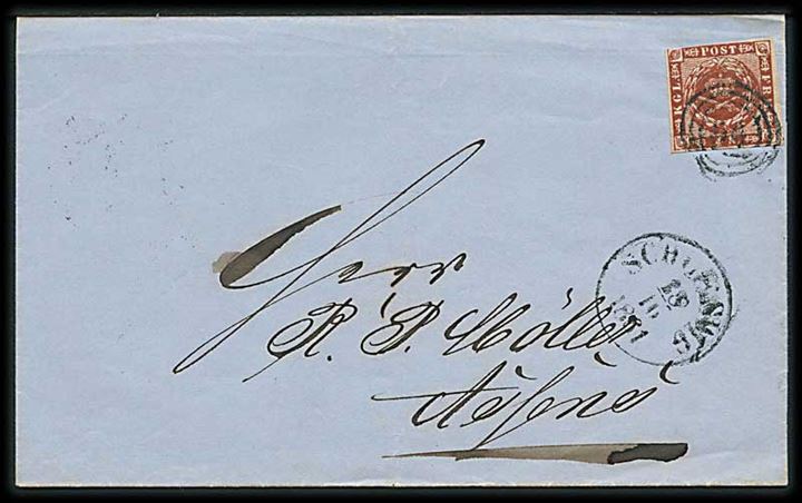 4 sk. 1858 udg. på brev annulleret med nr.stempel 66 og sidestemplet antiqua Schleswig d. 18.10.1861 til Assens.