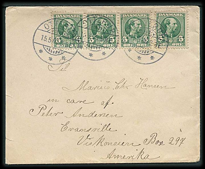 5 øre Chr. IX (4) på brev fra Otterup d. 15.5.1906 til Evansville, USA. 