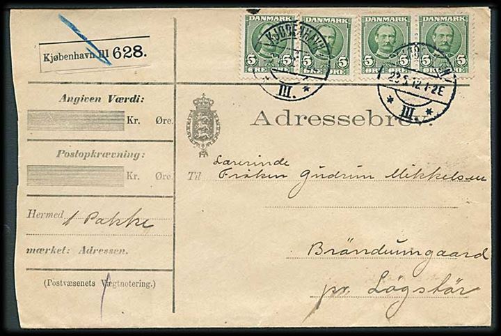 5 øre Fr. VIII i to parstykker på adressebrev for pakke fra Kjøbenhavn d. 23.5.1912 til Løgstør.