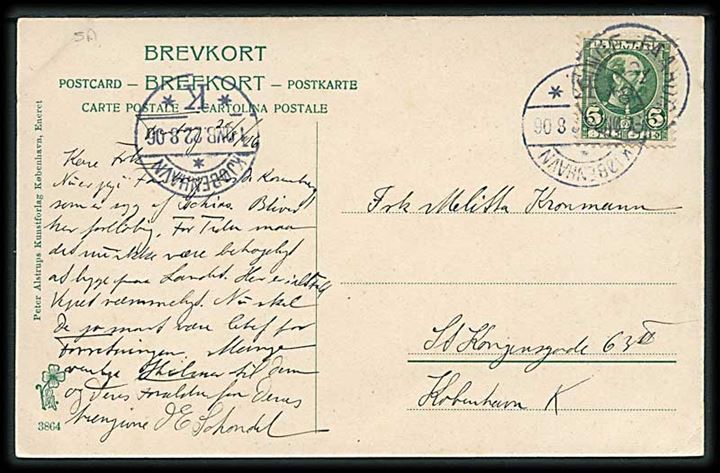 5 øre Chr. IX på brevkort fra Faaborg annulleret med lapidar bureaustempel Ringe - Faaborg d. 21.8.1907 til København.