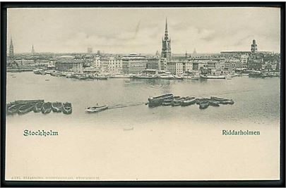 Riddarholmen med både / skibe i Stockholm, Sverige. Axel Eliassons u/no. Der er relief i kortet. Tykt kort.
