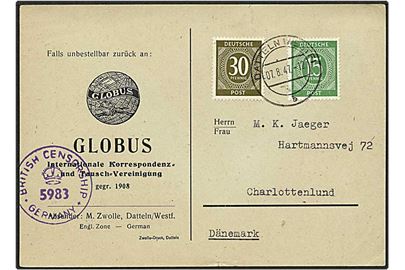 45 pfennig porto på kort fra Datteln, Tyskland, d. 7.8.1947 til Charlottenlund. Engelsk efterkrigscensur.
