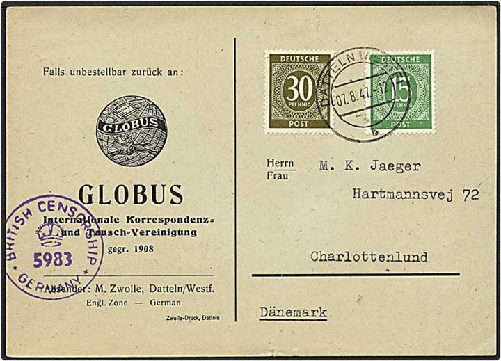 45 pfennig porto på kort fra Datteln, Tyskland, d. 7.8.1947 til Charlottenlund. Engelsk efterkrigscensur.