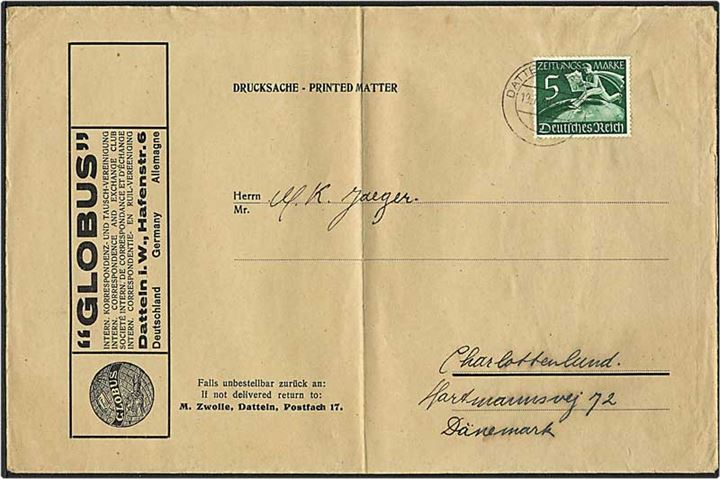5 pfennig grøn avisportomærke fra Datteln, Tyskland, d. 19.7.1940 til Charlottenlund. 