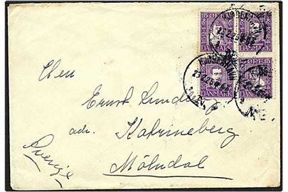 4 blok Chr. IV og Chr. X violet på brev fra København d. 23.2.1925 til Mølndal, Sverige.