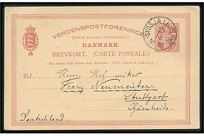 10 øre helsagsbrevkort fra København annulleret med lapidar bureaustempel Sydsjæll.JB.PKT. d. 30.12.1897 til Stuttgart, Tyskland.