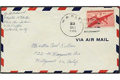 6 cent på luftpostbrev fra U.S. NAVY d. 23.10.1945 til Hollywood, USA.