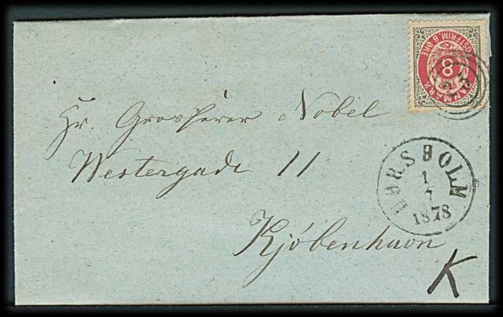 8 øre Tofarvet på brev annulleret med nr.stempel 25 og sidestemplet antiqua Hørsholm d. 1.7.1878 til Kjøbenhavn.