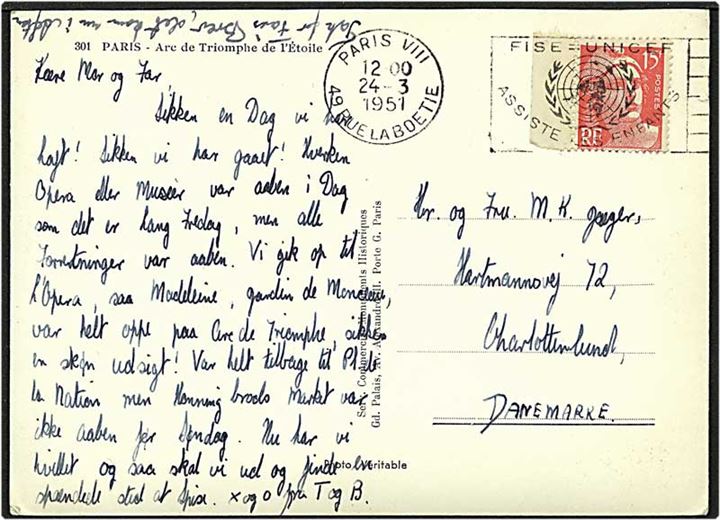 15 frank på postkort fra Paris, Frankrig, d. 24.3.1951 til Charlottenlund.