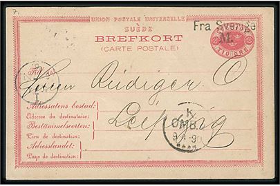 Svensk 10 öre helsagsbrevkort fra Malmö annulleret med skibsstempel Fra Sverige M. og sidestemplet K.Omb. d. 9.4.1890 til Leipzig, Tyskland.