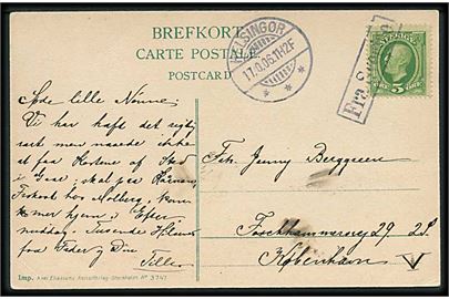 Svensk 5 öre Oscar på brevkort fra Helsingborg annulleret med skibsstempel Fra Sverige og sidestemplet Helsingør d. 17.10.1906 til København.
