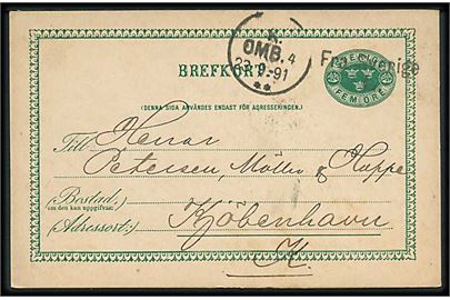 Svensk 5 öre helsagsbrevkort fra Landskrona annulleret med skibsstempel Fra Sverige L. og sidestemplet K.Omb. d. 23.9.1891 til København, Danmark. 