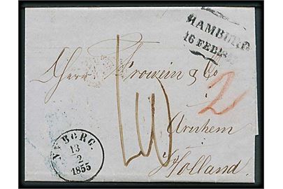 1855. Portobrev med antiqua Nyborg d. 13.2.1855 via K.D.O.P.A. Hamburg til Arnhem, Holland. Flere transitstempler og påtegninger. 