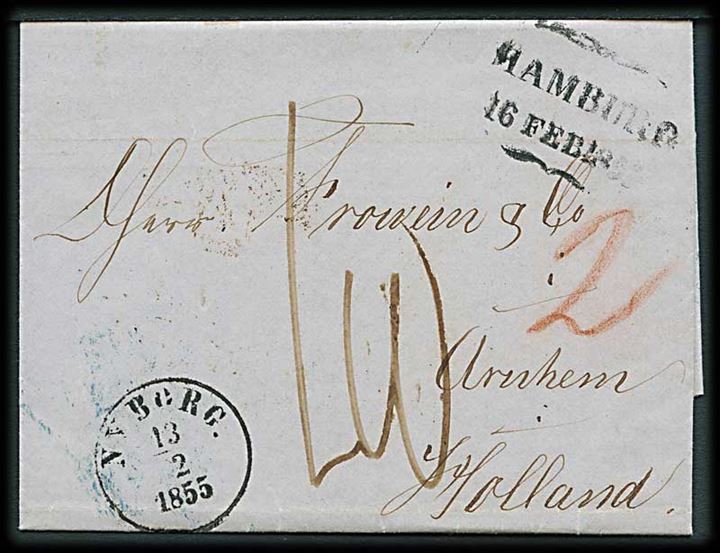 1855. Portobrev med antiqua Nyborg d. 13.2.1855 via K.D.O.P.A. Hamburg til Arnhem, Holland. Flere transitstempler og påtegninger. 