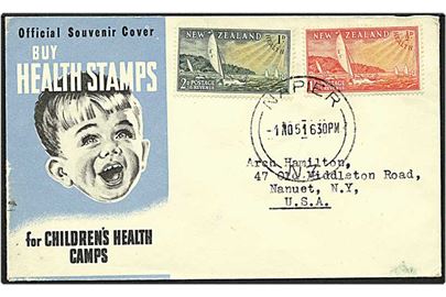 2½ pence på brev fra Napier, New Zealand, d. 1.11.1951 til New York, USA.