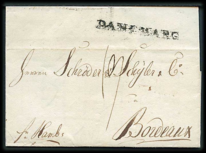 1806. Brev med indhold dateret Flensburg d. 11.9.1806 med Thurn & Taxis liniestempel DANEMARC til Bordeaux, Frankrig. Påskrevet: Fr. Hambg.