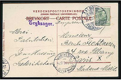 5 øre Chr. IX helsagsafklip på brevkort fra Frederikshavn sendt som tryksag og annulleret med bureaustempel Aalborg - Frederikshavn T.968 d. 29.9.1906 til Paris, Frankrig.