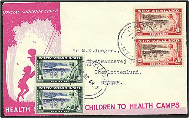 6 pence på brev fra Auckland, New Zealand, d. 1.6.1948 til Charlottenlund.