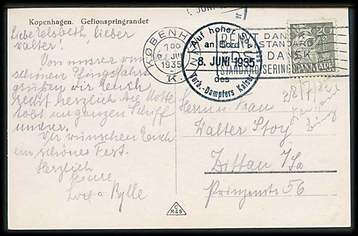 20 øre Karavel på brevkort fra København d. 9.6.1935 til Zittau, Tyskland. Privat skibsstempel: Auf hoher See an Bord des Turb.-Dampfer Kaiser d. 8.6.1935.