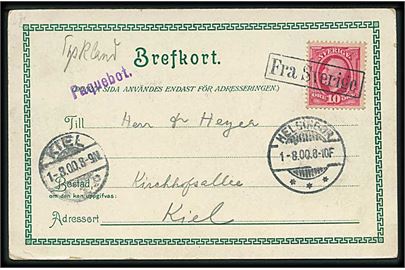 10 öre Oscar på brevkort annulleret med skibsstempel Fra Sverige og sidestemplet Helsingør d. 1.8.1900 og violet Paquebot til Kiel, Tyskland.
