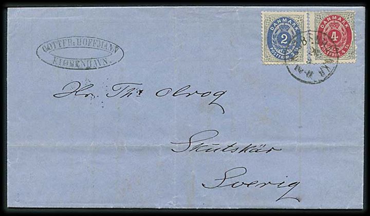 2 sk. og 4 sk. Tofarvet på 6 sk. frankeret brev fra Kjøbenhavn d. 26.9.1873 via svensk bureau PKXP.Nr.2 Upp. d. 26.9.1873 til Skutskär, Sverige.