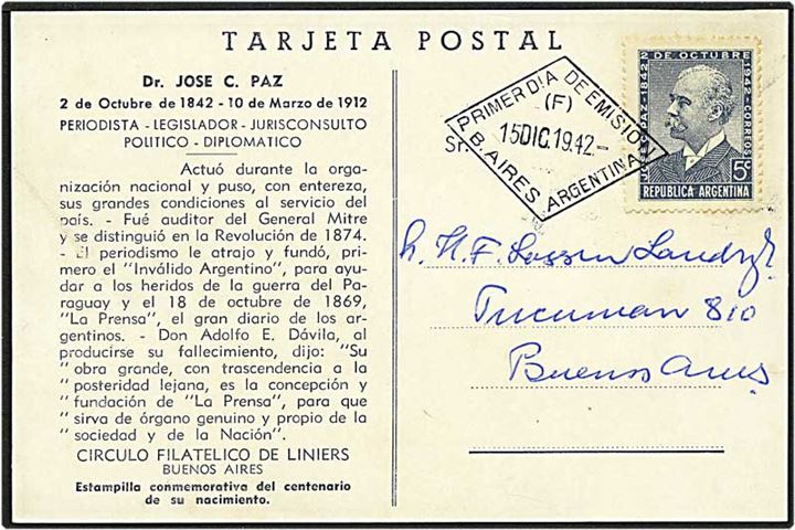 5 cent på lokalt postkort Buenes Aires, Argentina, d. 15.12.1942.