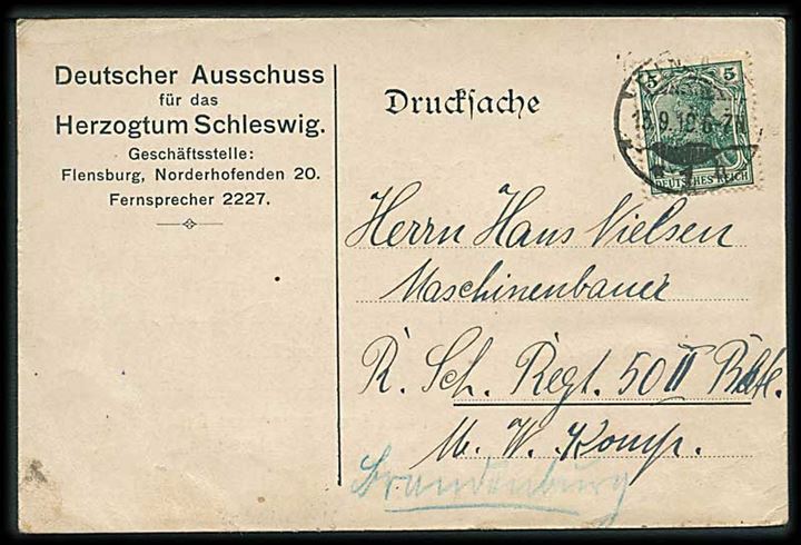 5 pfg. Germania på brevkort fra Deutscher Ausschuss für das Herzogtum Schleswig i Flensburg d. 13.9.1919 til soldat i R. Sch. Regt. 50 i Brandenburg. Vedr. registrering på stemmeliste.