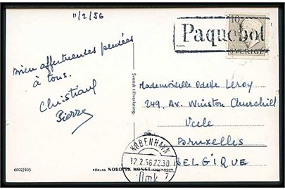 Svensk 10 öre Gustaf på brevkort fra Stockholm annulleret med dansk skibsstempel Paquebot og sidestemplet København d. 12.2.1956 til Bruxelles, Belgien.