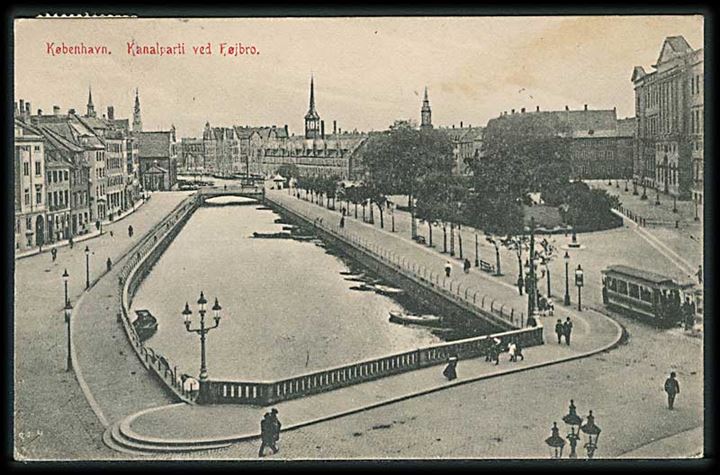 Kanalparti ved Højbro i København. Sporvogn til højre. U/no.