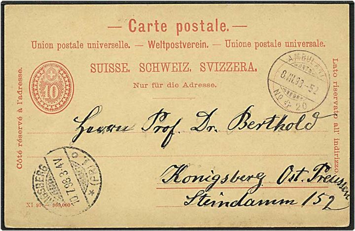 10 rappen helsag fra Ambulant, Schweiz, d. 8.7.1898 til Königsberg, Tyskland.
