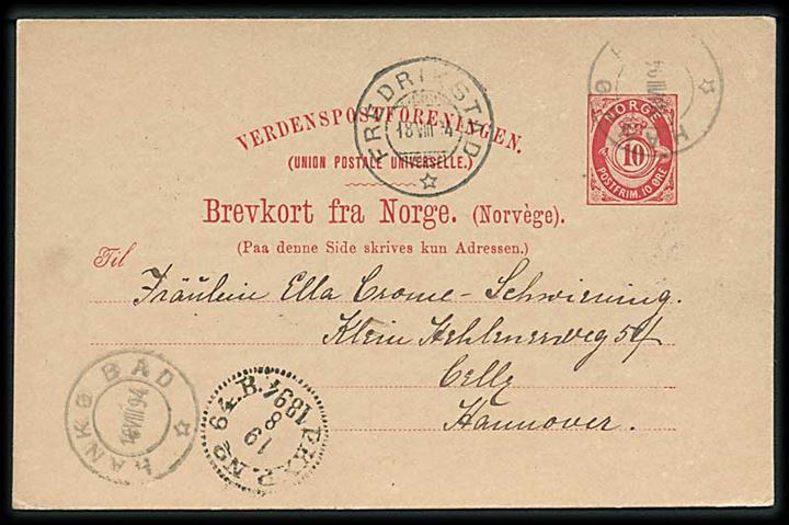 10 øre helsagsbrevkort stemplet Hankø Bad d. 18.8.1894 via Frederikstad og svensk bureau PKXP No. 64B til Hannover, Tyskland.