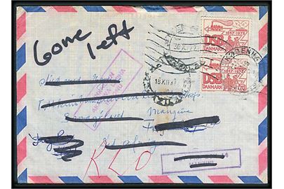 70 øre DSB 125 år i parstykke på luftpostbrev fra København d. 24.7.1972 til poste restante i Manzini, Swaziland. Retur med mange stempler. Let fugtskadet.