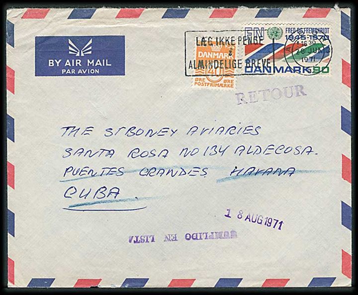 90 øre FN og 40 øre Bølgelinie på luftpostbrev fra Ålborg d. 28.6.1971 til Havana, Cuba. Retur med mange stempler.