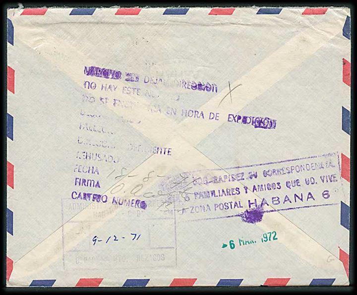 90 øre FN og 40 øre Bølgelinie på luftpostbrev fra Ålborg d. 28.6.1971 til Havana, Cuba. Retur med mange stempler.