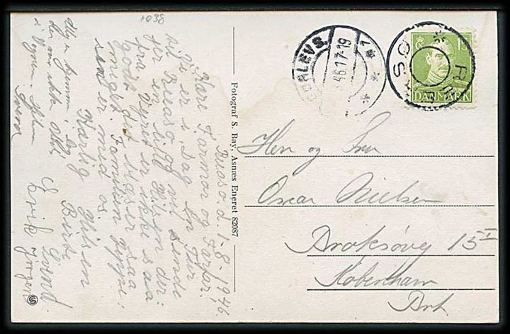15 øre Chr. X på brevkort (Reersø kirke) annulleret med udslebet stjernestempel REERSØ og sidestemplet Gørlev S. d. 1.8.1946 til København. Fugtskadet.