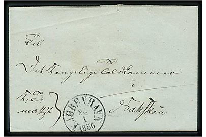 1856. Ufrankeret tjenestebrev K.T.m.Attest med antiqua Kjøbenhavn d. 23.1.1856 til Det kgl. Toldkammer i Nakskov.
