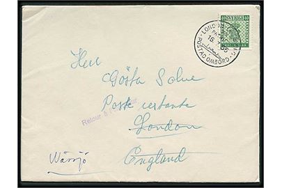 40 öre Frimærke Jubilæum single på brev stemplet London - Göteborg S/S Patricia Postad ombord d. 16.7.1955 til London. Retur pga. utilstrækkelig adresse.