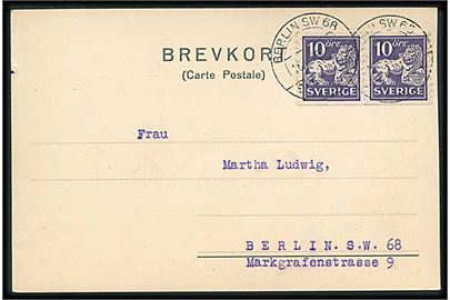 10 öre Løve i parstykke på brevkort fra Stockholm annulleret med tysk stempel i Berlin d. 16.11.1938 til Berlin, Tyskland.