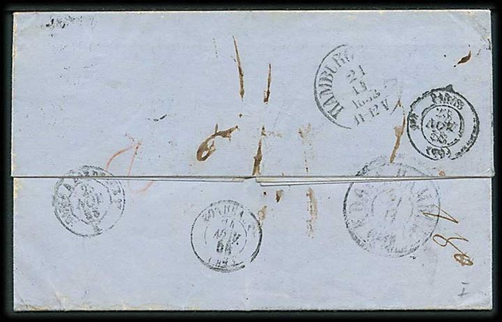 1858. Portobrev med kompasstempel Kiøbenhavn d. 20.11.1858 via Hamburg og Paris til Bordeaux. Rammestempel: Danemark R.2.