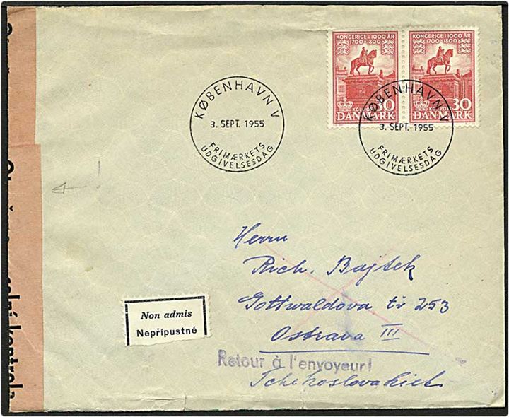 30 øre rød kongeriet i 1000 år på brev fra 3.9.1955 til Tchekoslavakiet. Tjekkisk censur.