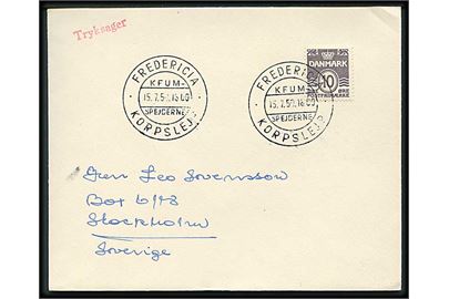 10 øre Bølgelinie på brev annulleret med særstempel Fredericia * Korpslejr * KFUM-Spejderne d. 15.7.1950 til Stockholm, Sverige.