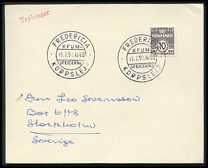 10 øre Bølgelinie på brev annulleret med særstempel Fredericia * Korpslejr * KFUM-Spejderne d. 15.7.1950 til Stockholm, Sverige.