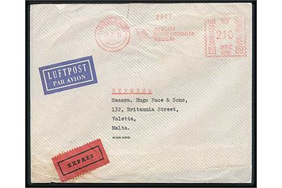 210 øre firmafranko frankeret luftpost ekspresbrev fra Nørresundby d. 11.2.1964 til Valetta, Malta.