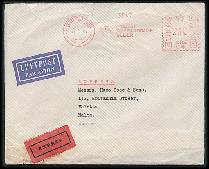 210 øre firmafranko frankeret luftpost ekspresbrev fra Nørresundby d. 11.2.1964 til Valetta, Malta.