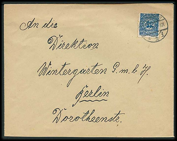 20 pfg. Fælles udg. på brev fra Flensburg d. 26.3.1920 til Berlin.