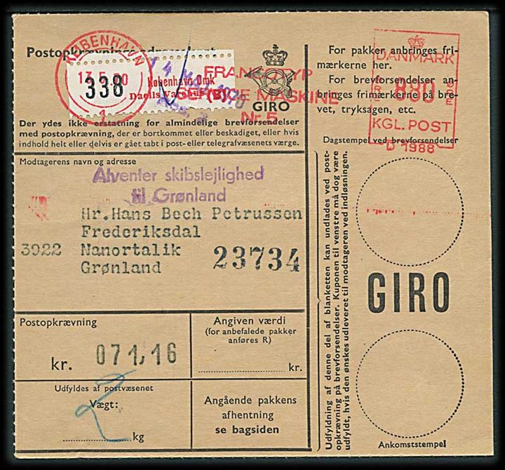 8,80 kr. franko frankeret adressekort for pakke med opkrævning fra København d. 13.5.1970 til Nanortalik, Grønland. Stemplet Afventer skibslejlighed til Grønland.