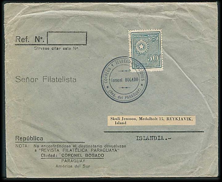 Paraguay. 50 c. på brev fra Paraguay til Reykjavik, Island.
