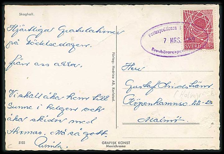 45 öre Folkhögskolan på brevkort annulleret med ovalt gummistempel Postexpeditionen i Skoghall d. 7.3.1969 til Malmö.