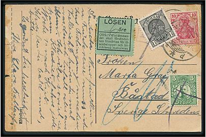 Tysk 10 pfg. Germania på underfrankeret brevkort fra 1920 til Båstad, Sverige. Grøn Lösen etiket, samt 1 øre Tre Kroner og 5 öre Gustaf som portomærker.