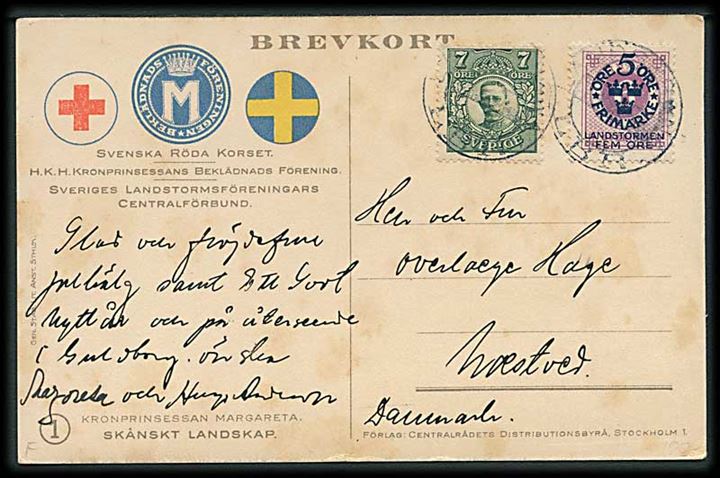 5+5 öre/6 öre Landstormen og 7 öre Gustaf på brevkort annulleret med svagt stempel ca. 1919 til Næstved, Danmark.